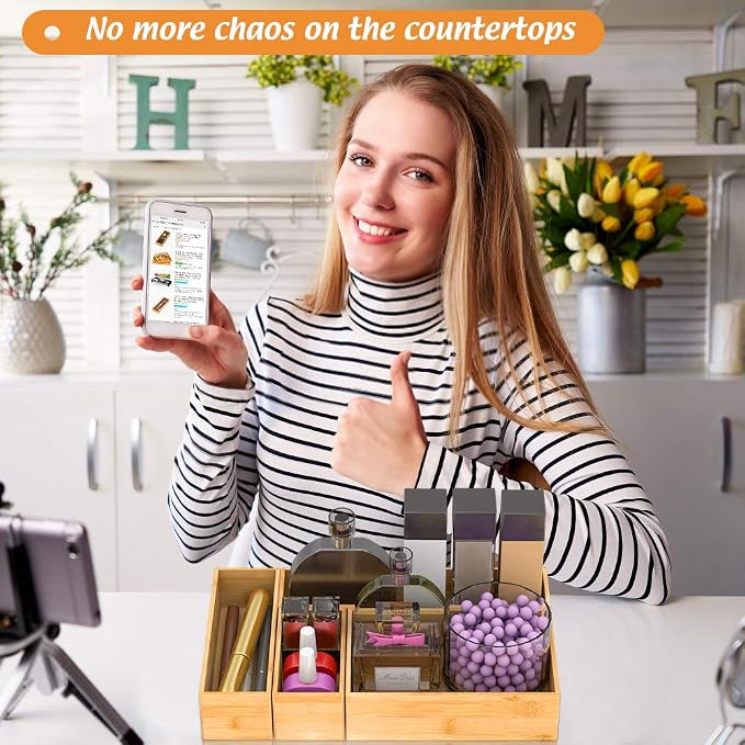 Bamboo Kitchen Drawer Organizer, Wooden Storage Box for Utensil Organizer Silverware Tray Cutlery Holder Flatware Containers - Multi-Use Deep Drawer Dividers Organizer for Bathroom, Jewelry, 9"3"2.5"