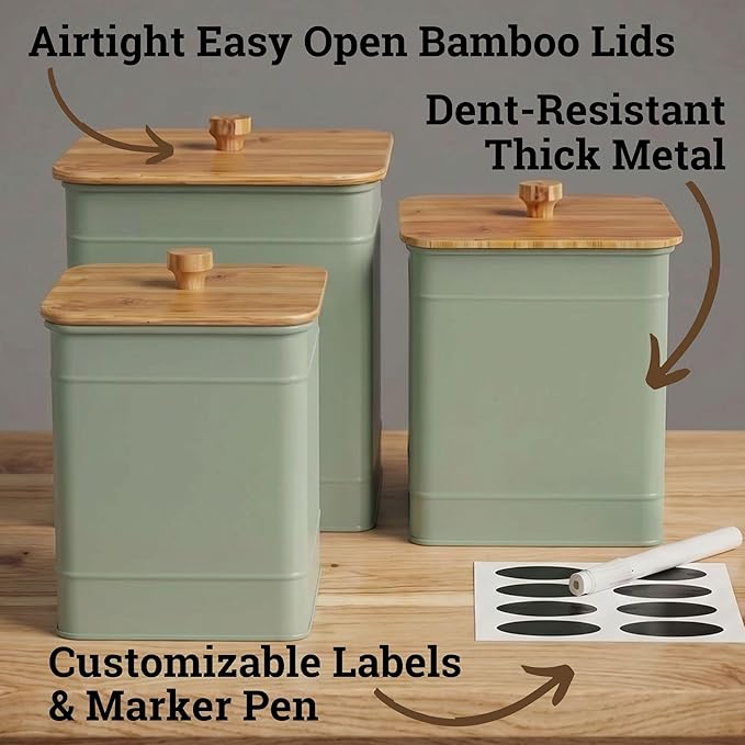 Kitchen Canisters for Countertop Set of 3 w/ Chalkboard Labels & Marker Pen | Airtight Easy Open Bamboo Lids, Dent-Resistant Thick Metal, Customizable Chalkboard Labels, Marker Pen Included, Set of 3
