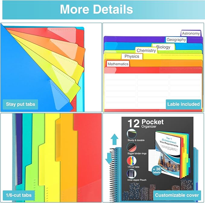 Forvencer 12 Pocket Project Organizer, 1/6-cut Tab Binder Organizer with Sticky Labels, Multi Pocket Folder with Zipper Pouch, Folder Binder Spiral Pocket Notebook, Office Supplies, Letter Size, Blue
