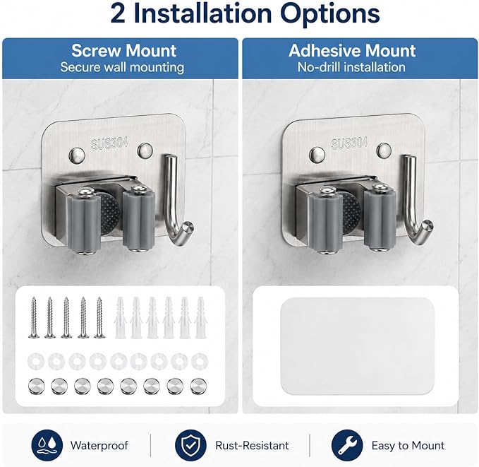 Broom Holder Wall Mount 4 Pack, Heavy Duty Mop and Broom Holder with Hooks, 304 Stainless Steel Broom Hanger, Self Adhesive or Screw Mount Organizer for Kitchen Laundry Garage