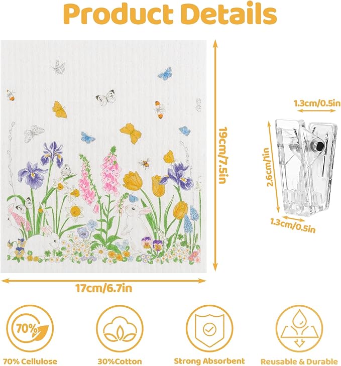 Needbrock 6 Pack Spring Floral Swedish Dishcloths for Kitchen, Absorbent Dish Cloths Swedish Rags Dish Towels with Adhesive Clips, Reusable Paper Towels No Odor for Cleaning Sink Kitchen