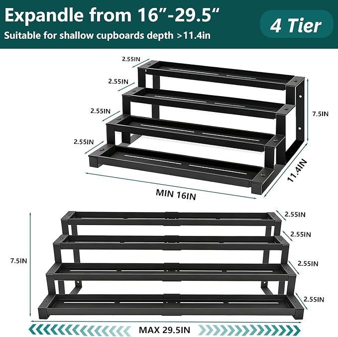 bealy 4-Tier Spice Rack Countertop Spice Rack Organizer for Cabinet, Expandable 16“-29” Spice Shelf Seasoning Organizer, Spice Organizer for Pantry, Slip-Resistant Design for Jars and Bottles