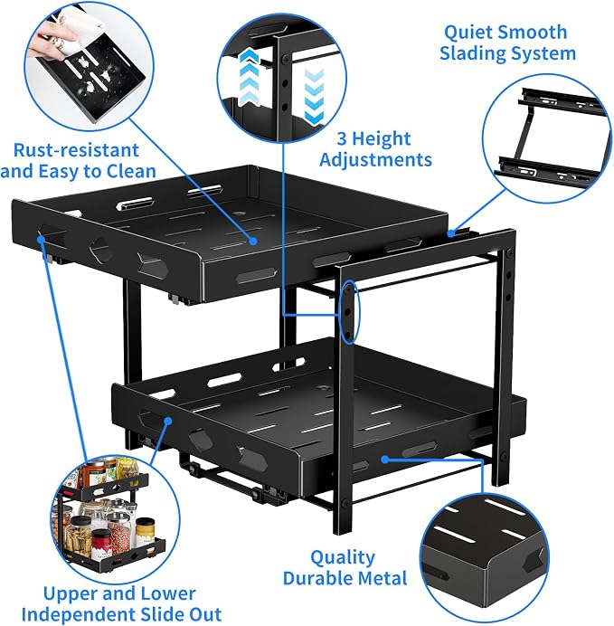 Pull Out Spice Rack Organizer for Cabinet, 2 Tier Cabinet Spice Rack Organizer, Height Adjustable Vertical Spice Rack for Cabinet, Kitchen, Pantry, Cupboard (11.9''Wx10.8''Dx9.2''H, Metal Black)