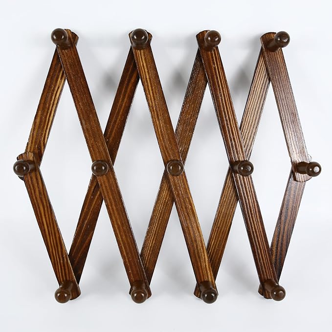 AMAPON Accordion Style Expandable Wall Wooden Coat Rack 13 Hooks (Pegs) Hang Hats Jackets Coffee Mug Purses Necklaces Towels Cap Leash Scarves Data Line Kitchenware (Walnut 2 Packs)