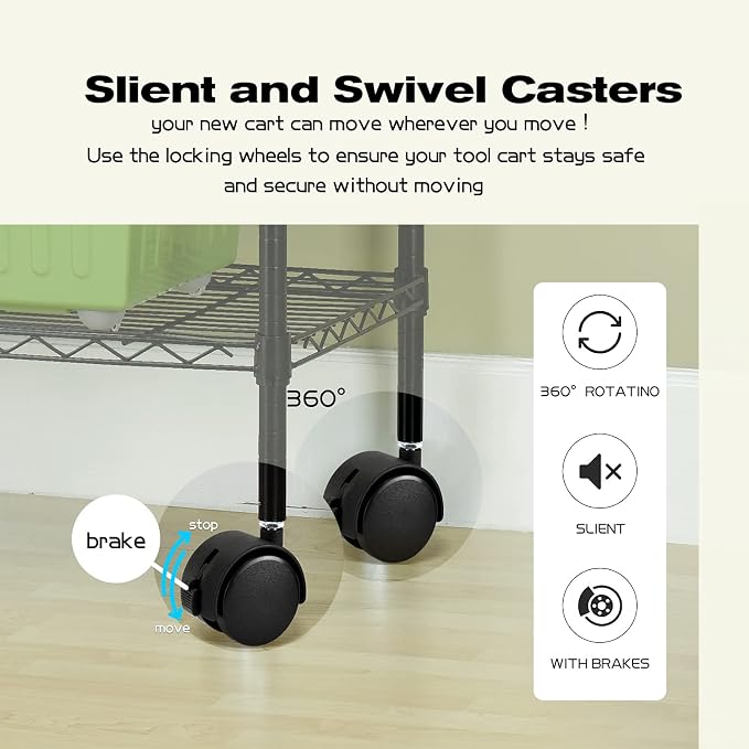 HCY 5-Tier Shelving Unit Storage Shelves with Wheels Heavy Duty Metal Rack NSF Height Adjustable for Laundry Bathroom Kitchen Garage Pantry Organization -60inx30inx14in(Black)