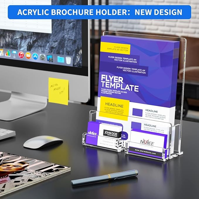 NIUBEE 6-Pack Acrylic Brochure Holder 8.5*11 inches , Clear Brochure Display Stand with Acrylic Business Card Holder, Plastic Flyer Display Stand for Magazine, Pamphlet, Booklets, Menu, Journals