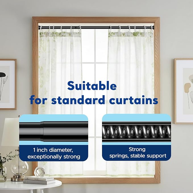 Tension Rods 28 to 49 Inch, 1" Heavy Duty Adjustable Spring Tension Curtain Rod - Non-Slip No Drill Shower Curtain Rod for Bathroom, Window, Closet & Doorway, Black