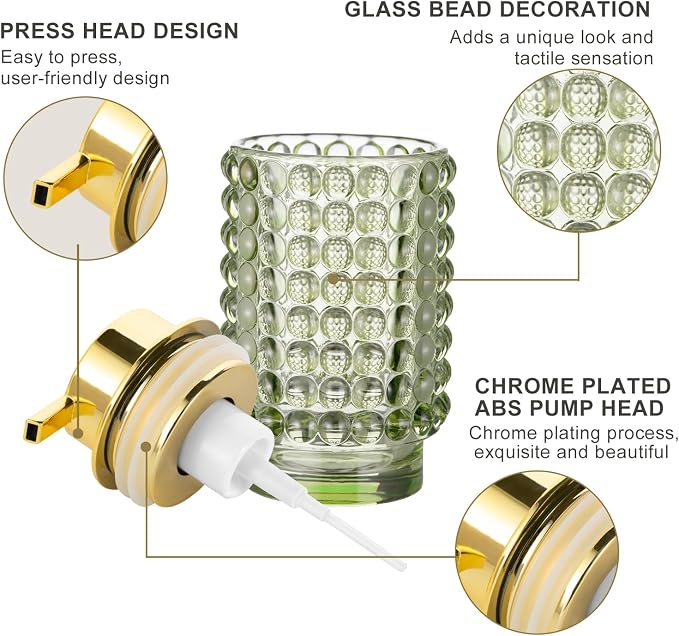 Glass Foaming Hand Soap Dispenser for Bathroom Decor with Pump（Foam Type/Green）