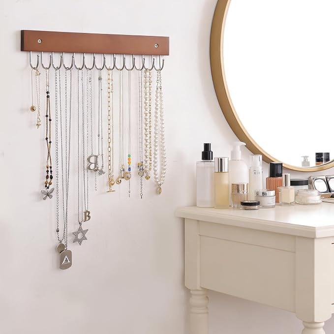SCUNDA Hanging Jewerly Organizer for Wall, Wall Mounted Necklace Holder, Wood Wall Mount Jewerly Organizer for Earrings Bar, Hanging Rings, Necklaces and Bracelet, Nice Gift for Woman (2pack,Brown)