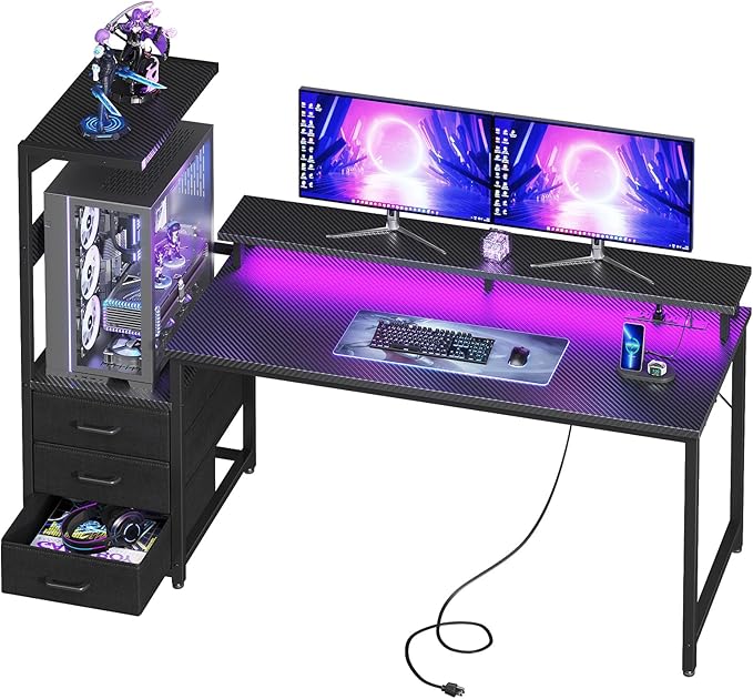 AODK Gaming Desk w/PC Showcase Stand, 59" Reversible, RGB LED, Black | Elevated stand fits Lian Li O11, Hyte Y60. Triple drawers hide cables, controllers, clutter.Your build deserves to be seen.