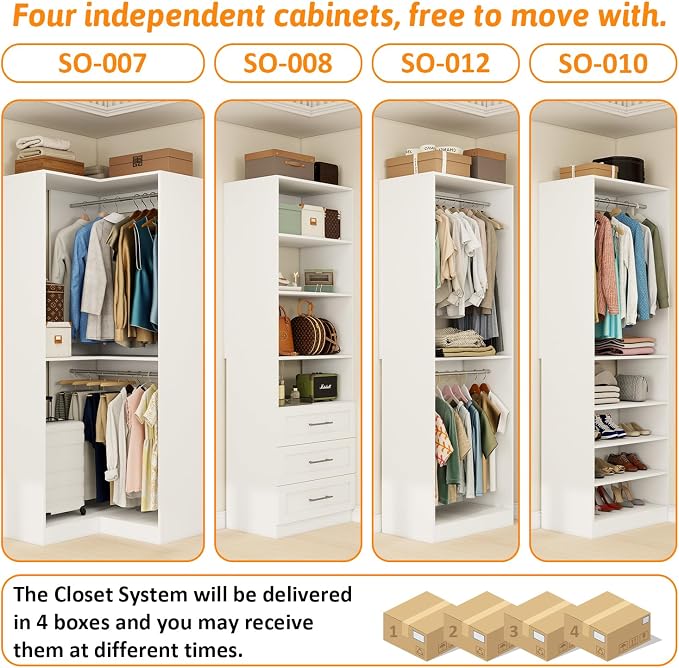 Closet Organizer System of 4 Sets with 3 Drawers, 9 Hanging Rods & 8 Shelves, 157" Walk in Closet System, Corner Closet Organizer, Modular Standalone Closet, White