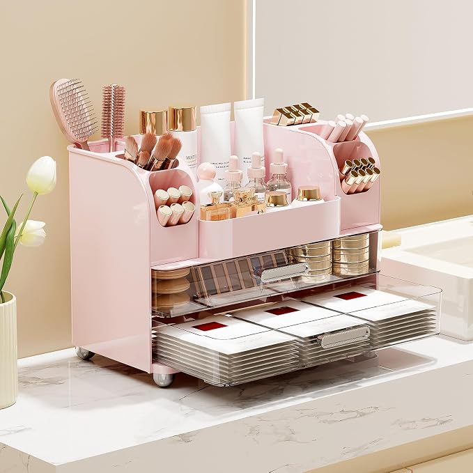 UFORU Makeup Organizer for Vanity with 2 Large Drawers, Cosmetic Display Case with Brush Holders, Easy to Storage for Bathroom Countertop Skincare, Perfume, Pink