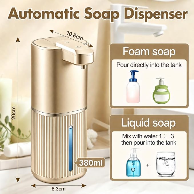 Automatic Soap Dispenser, Foaming Soap Dispenser Touchless with Continuous Dispensing, 4-Level Adjustable, Rechargeable Hand Soap Dispensers, Wall Mounted or Countertop for Bathroom & Kitchen