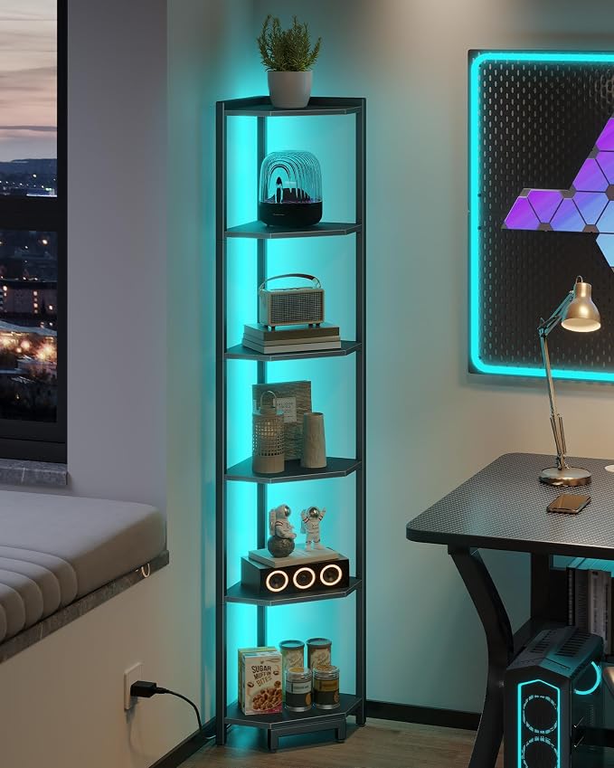 Hzuaneri Corner Shelf with LED Light 6 Tier Corner Bookshelf Standing Shelf | Tall Narrow Display Bookcase with Metal Frame for Small Space, Living Room, Home Office, Bedroom, Black CS66606B
