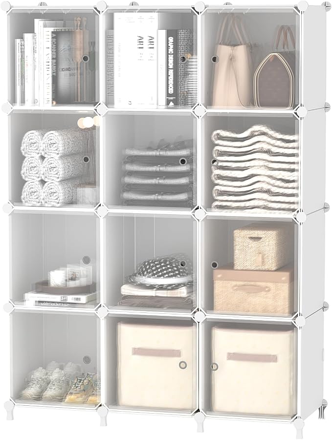 AWTATOS 12 Cube Storage Organizer, Closet Storage Shelves with Doors, White | Portable Closet Organizers, DIY Stackable Storage Cube Shelf, Plastic Clothes Organizer Shelving for Bedroom, Home Office