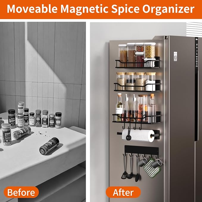Magnetic Spice Rack,Multifunctional Magnetic Shelf for Washing Machine,Refrigerator,Microwave,and Any Metal Surface,Powerful Magnetic Shelves Include Magnetic Paper Towel Holder (5 pcs - Black)