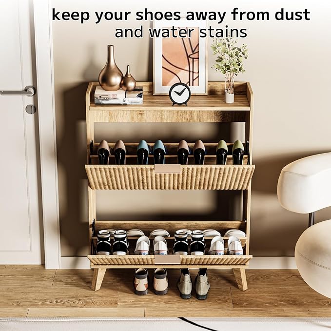 Fluted Shoe Cabinet Storage with 2 Flip Drawers, Wood Narrow Hidden Shoe Organizer with Adjustable Shelf for Entryway, Freestanding Slim Shoe Rack for Hallway Living Room, Saving Space, Oak