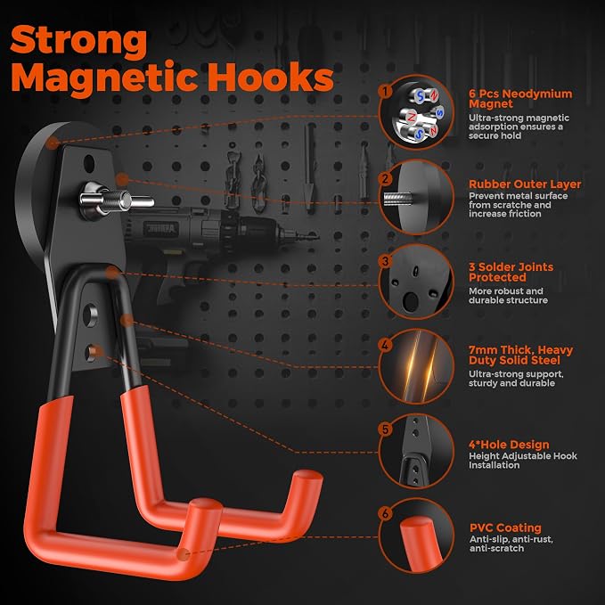 Large Strong Magnetic Hooks Heavy Duty Garage Big Magnet Hooks Extra Strength Magnetic Utility Storage Hook Hanger with Anti Slip Coating for Garden Indoor Outdoor Hanging Tools 2 Pcs Orange
