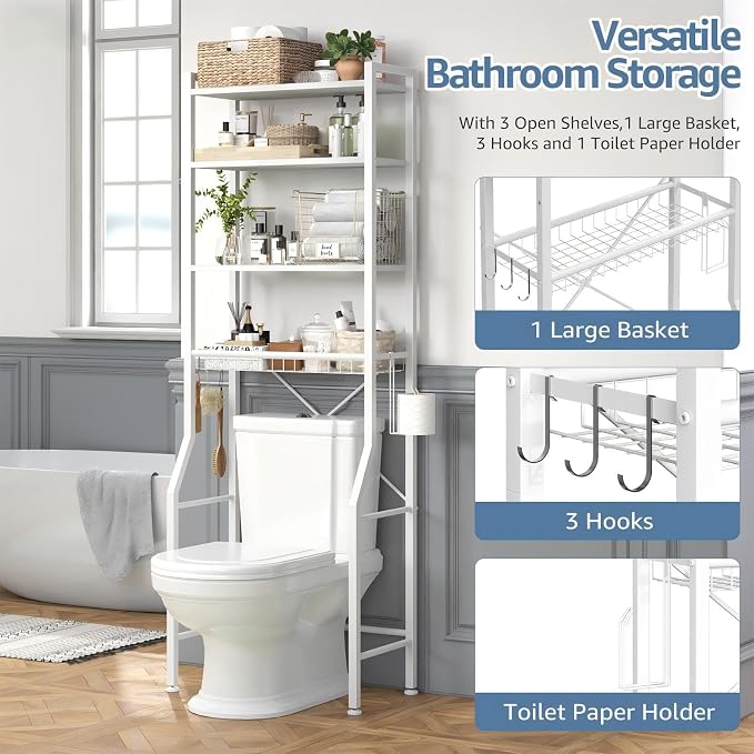 DUMOS Over-The-Toilet Storage Rack, 4-Tier Bathroom Organizer with Basket | Freestanding Above Toilet Storage Cabinet with Adjustable Shelf, Space Saver Bathroom Cabinet with 3 Hooks for Rooms, White