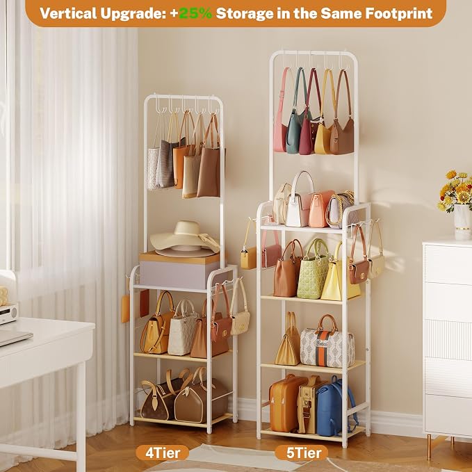Tall 5-Tier Purse Organizer for Closet with 5 Purse Hanger, Large Purse Rack Stand with 6 Side Hooks, Adjustable Handbag Organizer Shelf, Space-Saving Narrow Purse Storage Organizer for Small Place