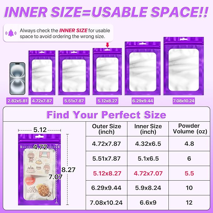 100 PCS Resealable Mylar Bags with Zip and Frosted Clear Window Smell Proof Packaging Bag Foil Pouch Zipper Bag for Food Self Sealing Storage Supplies (Purple, 5.12x8.27)