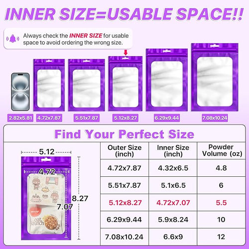 100 PCS Resealable Mylar Bags with Zip and Frosted Clear Window Smell Proof Packaging Bag Foil Pouch Zipper Bag for Food Self Sealing Storage Supplies (Purple, 5.12x8.27)