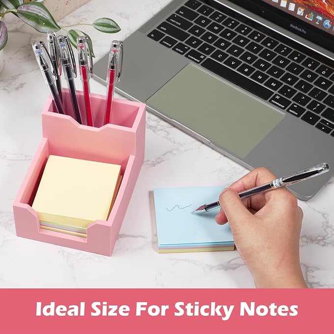 Pink Sticky Note Holder, Silicone Memo Holder with Pen or Card Slots, Sticky Note Dispenser, Fits 3x3 Inches Sticky Notes, Post It Note Dispenser for Office Desk Accessories
