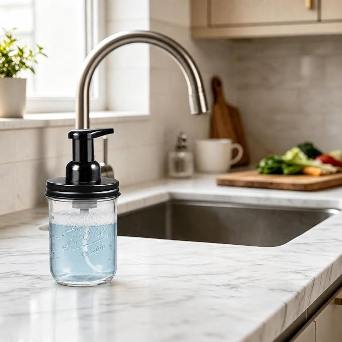 SheeChung Mason Jar Foaming Soap Dispenser, Glass Foaming Hand Soap Dispensers, Stainless Steel Lid, Refillable Foam Soap Dispenser for Bathroom Kitchen, Farmhouse Bathroom Decor (1 Pack, Black)