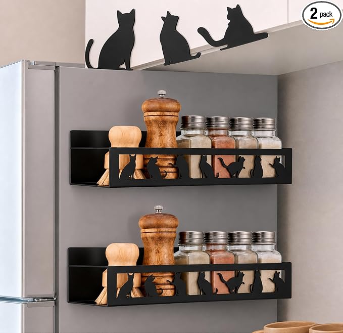 Beeveer 2 Pack Black Cat Magnetic Spice Rack for Refrigerator Metal Magnet Basket Shelf for Fridge Seasoning Storage Organizers Home Decor Kitchen Accessories (Black)