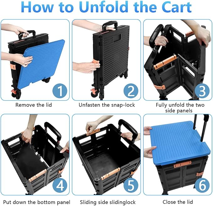 FELICON SELORSS Foldable Utility Cart Folding Portable Rolling Crate Handcart with Heavy Duty Telescoping Handle Collapsible 4 Rotate Wheels for Travel Shopping Move Luggage Office Use(Black+Blue)