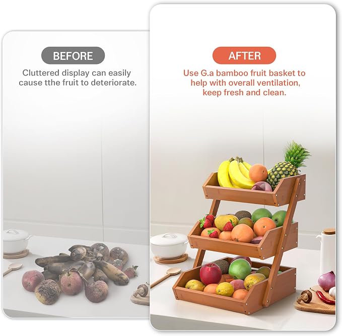 G.a HOMEFAVOR 3-Tier Fruit Basket for Kitchen Counter, Brown, Self-assembly | Bamboo Fruit Bowl, Vegetable Storage and Home Organizer, 15 mm Thickness