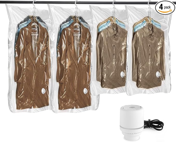 Flintronic Hanging Vacuum Storage Bags, 4pcs(2 Long 135x70CM & 2 Short 110x70CM) Vacuum Compression Zipper Storage Bags, with Electric Pump, for Clothes, Suits, Dresses, Coats or Jackets