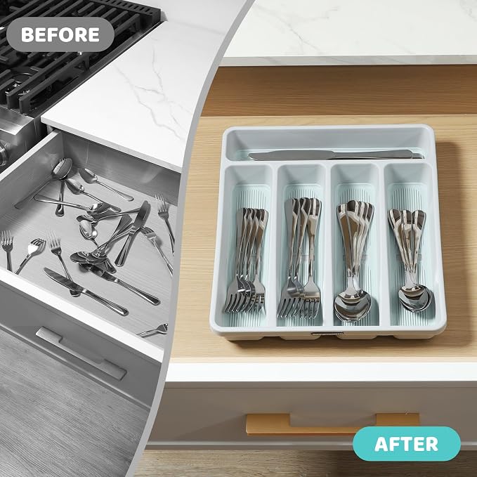 shopwithgreen Silverware Organizer with Cutlery Icons，Silverware Tray for Kitchen Drawer，Plastic Flatware Drawer Organizer Utensil Organizer with Non-slip TPR Linings，5-Compartment Silverware Caddy