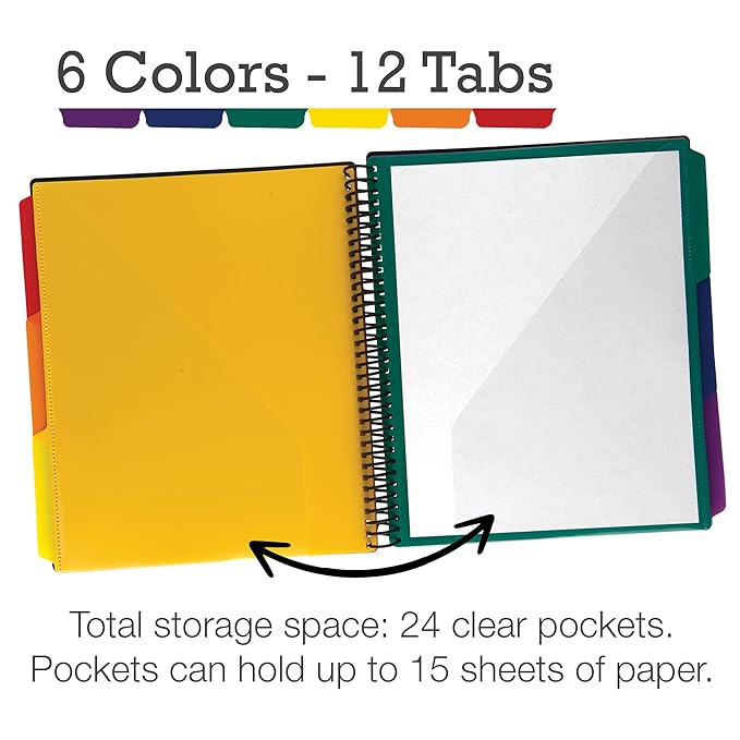 Samsill Spiral Folder Organizer - 12 Dividers & 24 Pockets with Zipper Pouch, Multi Pocket Color Cordinated Folder Binder with Customizable Tabs, Document Organizer (Basic)