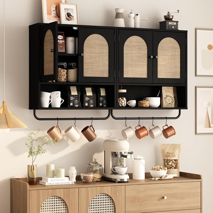 RUSTOWN Rattan Bathroom Wall Cabinet, Boho Medicine Cabinet with 2 Arched Doors, Farmhouse Over The Toilet Storage Cabinets with Adjustable Shelves & Towel Bar