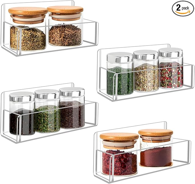Acrylic Spice Rack Wall Mount-6 Inch, Clear Spice Shelf Storage Holder, 4 Pack Hanging Seasoning Rack Organizer for Cabinet Door, Cupboard or Wall Kitchen (Adhesive or Screw)