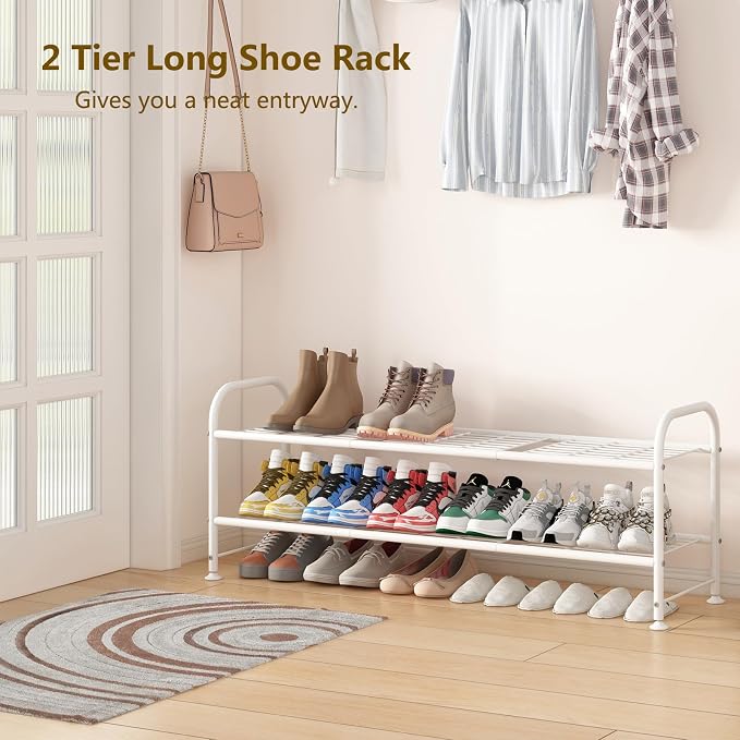 LINZINAR 2 Tier Long Shoe Rack for Closet Metal Shoe Organizer for Entryway | Spacious design stores 15+ pairs of shoes,durable metal frame,space-saving organizer for closet, hallway, and Entryway White