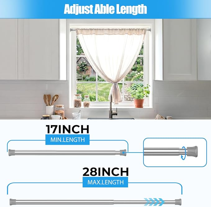 Spring Tension Curtain Rods 17-28 Inch Silver 2 Pack | No-drill & tool-free setup. Fits windows, kitchens, doorways. Rust-resistant, great for light curtains.