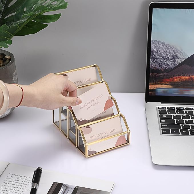 Hipiwe 4 Slots Glass Business Card Holder for Desktop, Gold Mirrored Business Card Display Stand, Multiple Clear Business Name Card Organizer Holder for Office Exhibition