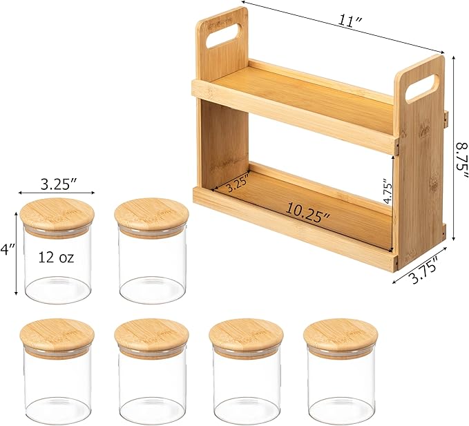 Basicwise Versatile 2-Tier Bamboo Spice Rack and Pantry Organizer with 6 Glass Jars – Perfect for Countertop Storage in Kitchens to Keep Seasoning Containers Neatly Displayed and Easily Accessible