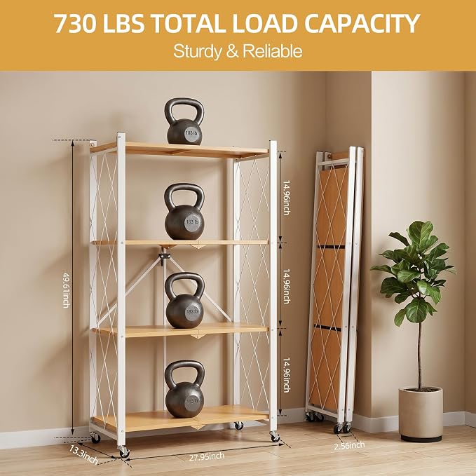 4-Tier Folding Storage Shelves with Wheels – No Assembly, Heavy Duty Collapsible Rolling Shelf Unit for Kitchen, Bedroom, Living Room