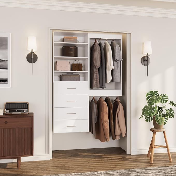 ROOMTEC Modular Closet System, 64" Wall-Mounted Closet Organizer with Drawers and Hanging Rods, Wooden Tower for Walk-In Closets, Wardrobe Storage Kit, White