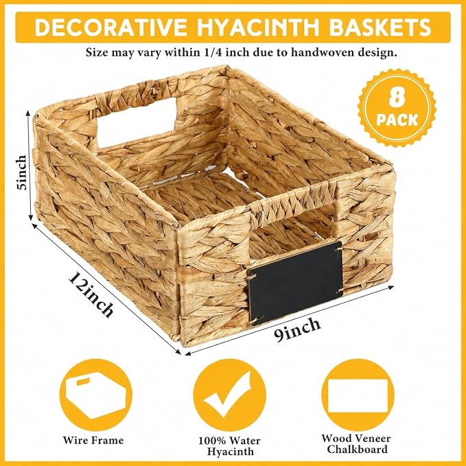Nitial Wicker Storage Basket, Rectangular Water Hyacinth Storage Basket for Shelving, Foldable Woven Pantry Organizer with Chalkboard Label and Chalk Marker (12 x 9 x 5 Inch,Natural)
