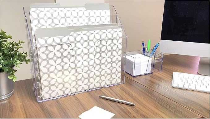 Acrimet Horizontal Triple File Folder Holder Organizer, Open Top Desktop Document Sorter for Letter Size Papers & Folders, Plastic (Clear Crystal) | 3 compartments to separate and organize documents, folders and papers
