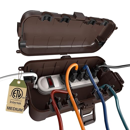 Flemoon Medium Outdoor Waterproof Electrical Box, for Power Strip | 11.5x5.2x4inch, IP54 Extension Cord Cover w/6 Cable Entry Ports, Weatherproof Connection Box for Timer, Holiday Lights, Brown