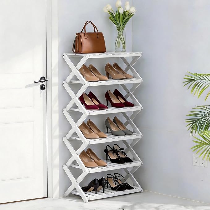 6 Tier Bamboo Shoe Rack White,Portable Folding Shoe Storage Rack,Without Installation Small Shoe Rack Perfect for Corridors, Drom, Bedrooms and Small Spaces