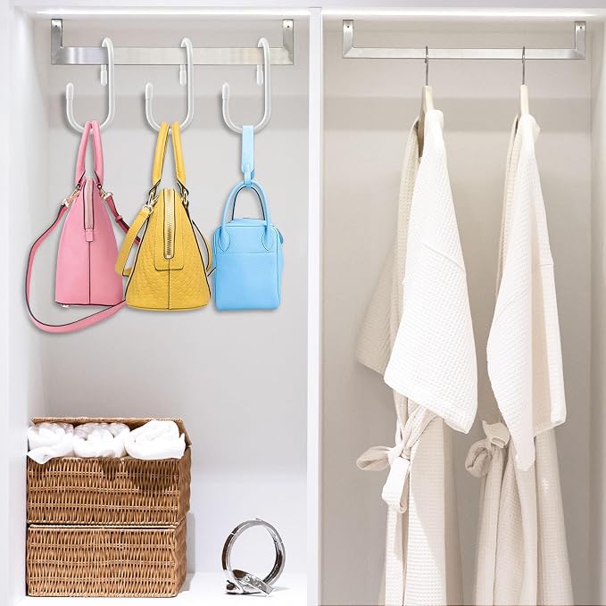 12 Pack Heavy Duty Twist Design Purse Hanger for Closet - Anti-Slip Vinyl Coated Metal 4 inch Large S Hooks, Multipurpose Organizer for Purses, Handbags, Belts, Scarves, Hats, White