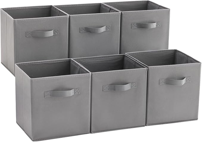 MAX Houser 6 Pack Foldable Fabric Storage Bins with Handles - Ideal for Closet Organization, Bedroom (Grey, 10.5"x10.5"x11")