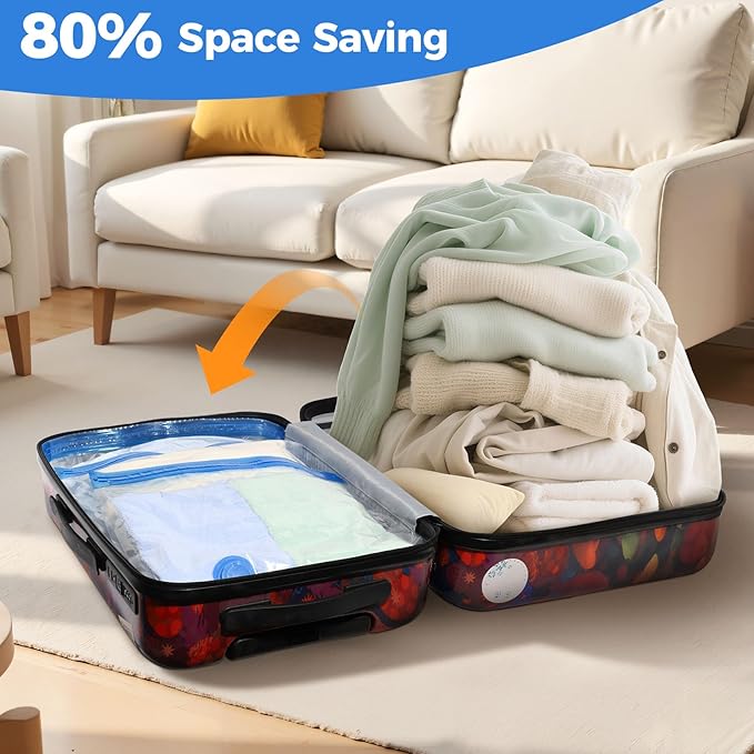 10 Pack Combo Travel Vacuum Storage Bags with Cordless Electric Vacuum Pump | Portable, Vacuum Seal Bags for Clothing Travel, Fast Charging, Space Saver, Low Noise, Luggage Clothes Bedding Moving Storage
