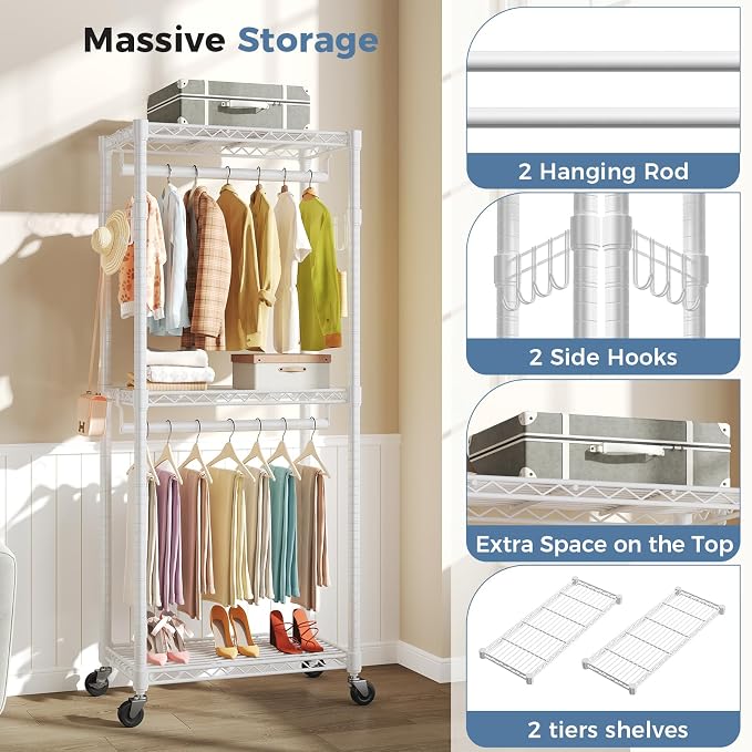OLIXIS Clothes Rack Heavy Duty Adjustable Garment Clothing Rack with Wheels, Rolling Metal Freestanding Closet Organizer for Hanging Clothes with 2 Side Hooks, Double Rods, 29.5"x15.7"x75.6", White